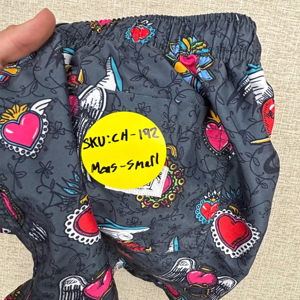 Boardies Mens Goth Tattoo Heart Print Swim Trunks Grey Pink Blue Small